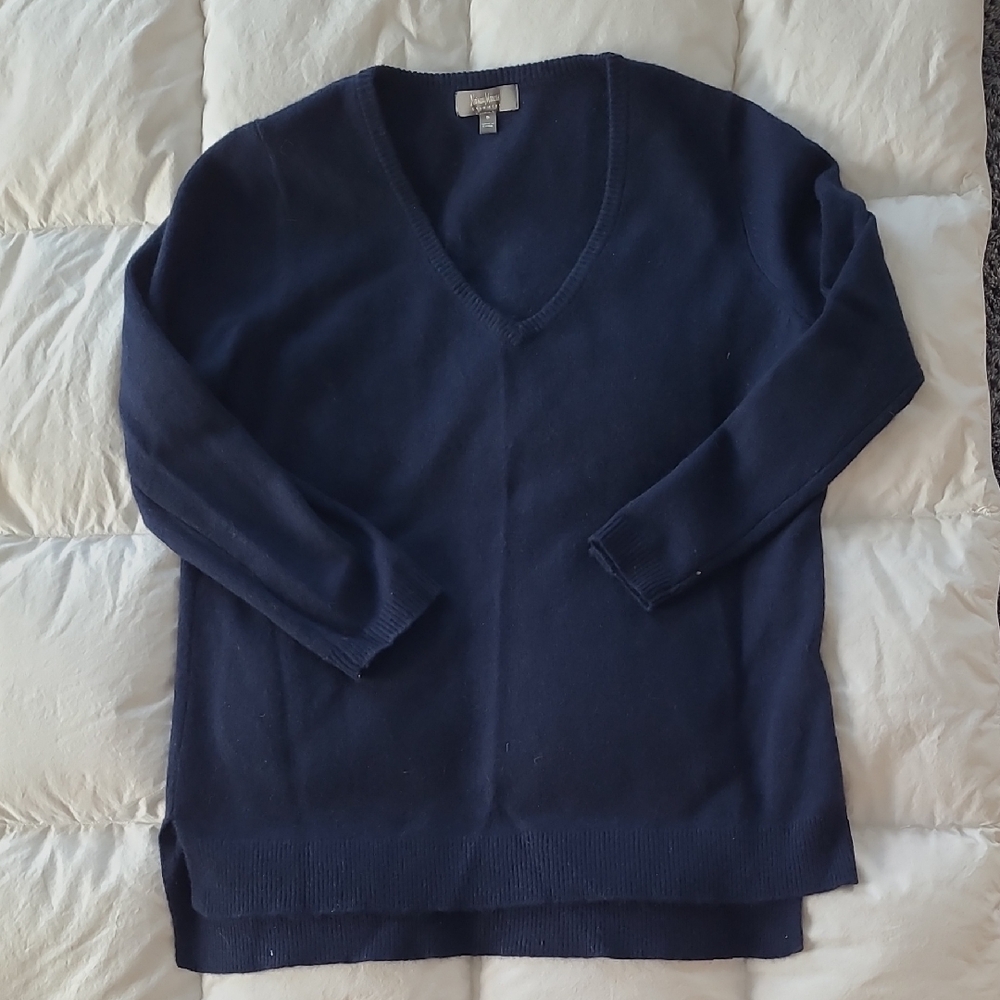 Neiman Marcus Cashmere Sweater Size Small 3/4 Sleeve Navy Blue Split Hem